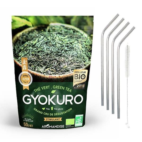 Grönt te Gyokuro 50 g + 4 sugrör i rostfritt stål