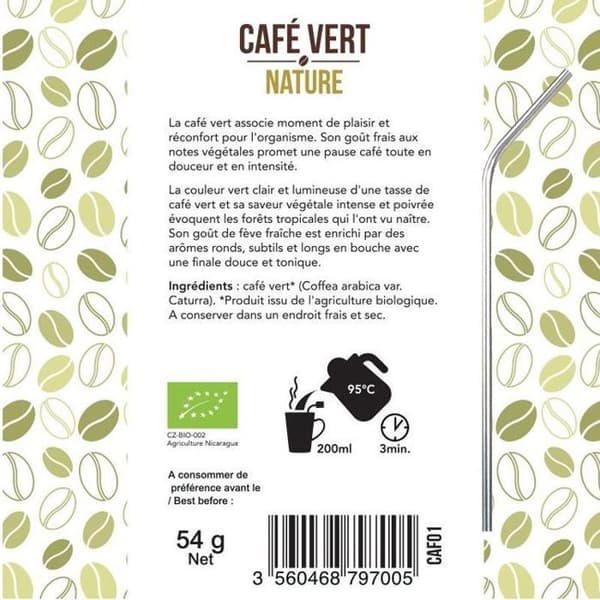 Grönt kaffe nature 18 påsar + 4 sugrör i rostfritt stål