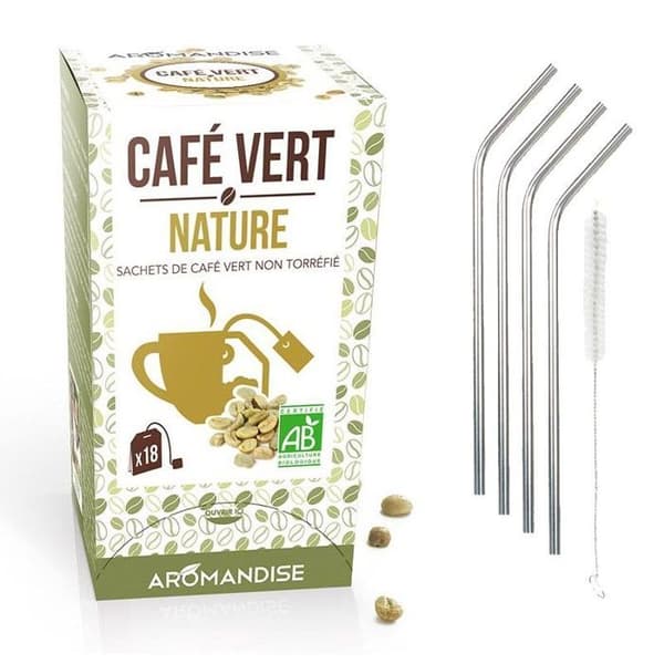 Grönt kaffe nature 18 påsar + 4 sugrör i rostfritt stål