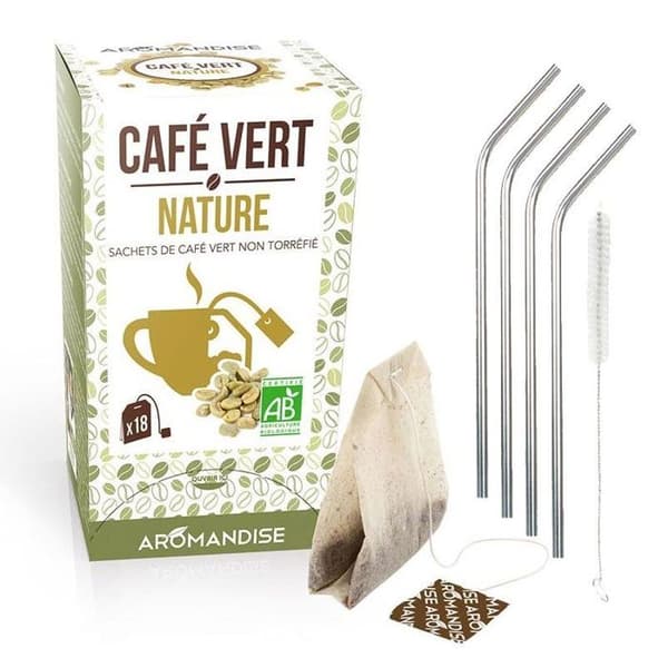 Grönt kaffe nature 18 påsar + 4 sugrör i rostfritt stål