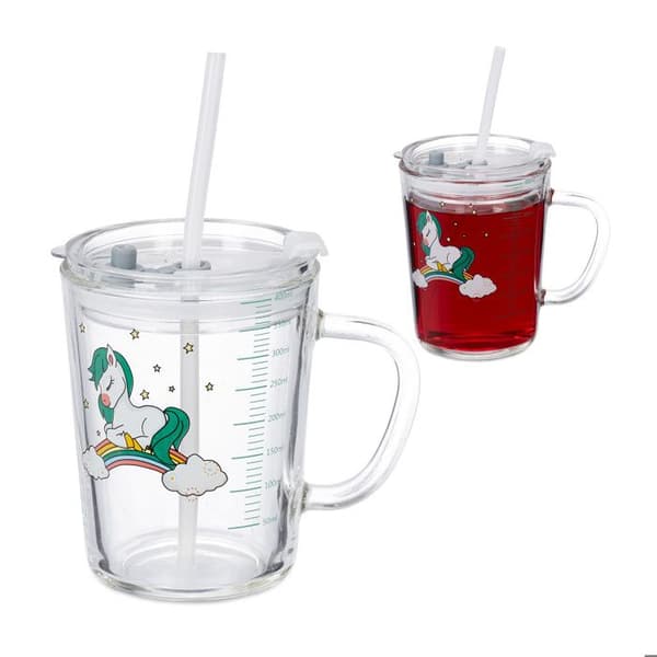 Relaxdays Barnglas i 2-pack, enhörningsmotiv, med handtag, lock och sugrör, 400 ml graderad, transparent