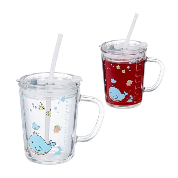 Relaxdays Barnverre i set med 2, med valmönster, med handtag, lock och sugrör, 400 ml graderad, transparent