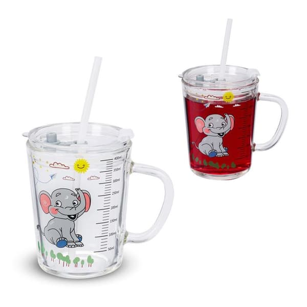 Relaxdays Barnverre i 2-pack, elefantmotiv, med handtag, lock och sugrör, 400 ml graderad, transparent