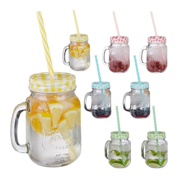Relaxdays glasögon med sugrör, lock och handtag, set om 8, smoothie, milkshake, lemonad, isdrycker, flerfärgad