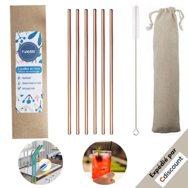 Återanvändbar rostfri sugrör: 6 återanvändbara rosaguld sugrör (utan plast) + metallborste + förvaringsfodral - TIGREEN