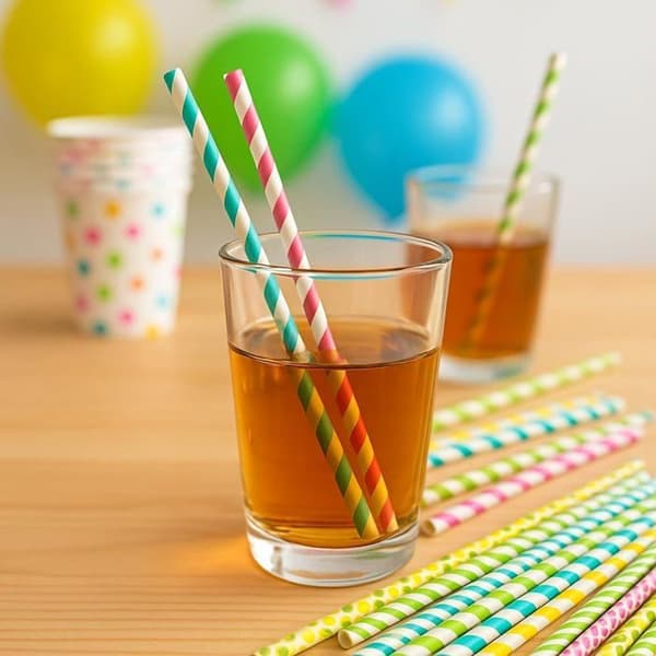Förpackning med 50 randiga papperssugrör i flera färger för fest, födelsedag, cocktail - Storlek 20 cm
