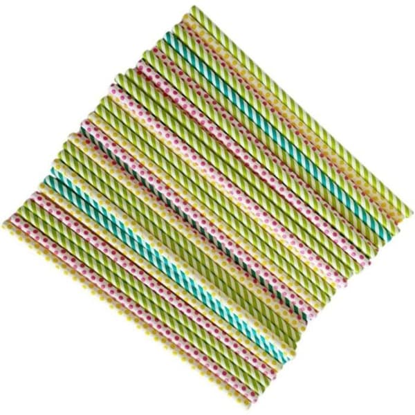 Förpackning med 50 randiga papperssugrör i flera färger för fest, födelsedag, cocktail - Storlek 20 cm