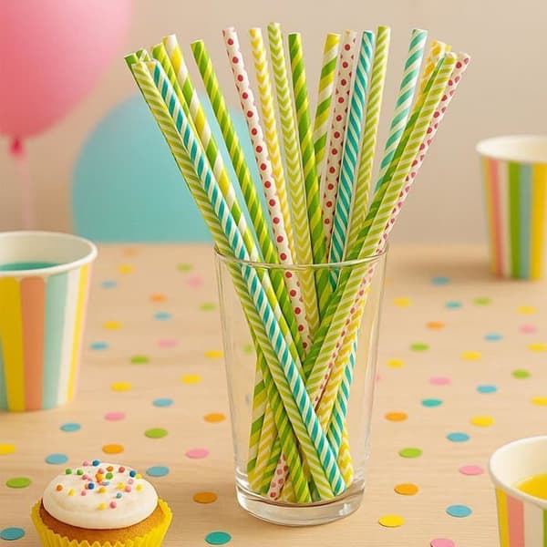 Förpackning med 50 randiga papperssugrör i flera färger för fest, födelsedag, cocktail - Storlek 20 cm