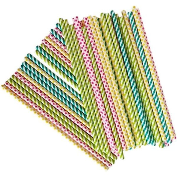Förpackning med 50 randiga papperssugrör i flera färger för fest, födelsedag, cocktail - Storlek 20 cm