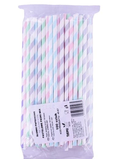 Papperssugrör PASTELLRÄNDER MIXAD FÄRG 200x6mm / 100 st
