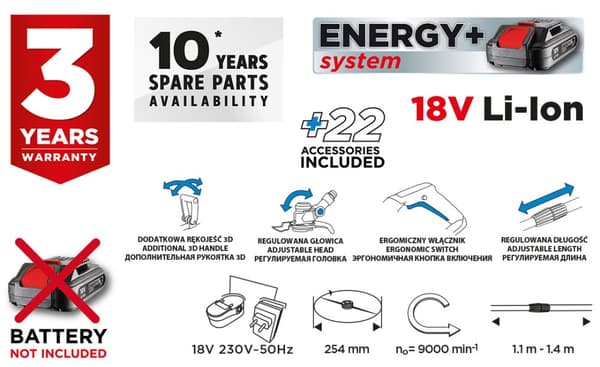 Energy+ 18V sladdlös Li-Ion trimmer, klippbredd 254 mm, utan batteri