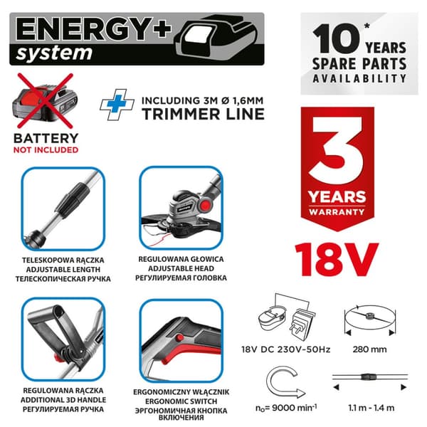 Energy+ 18V Li-Ion trådløs trimmer, klippebredde 280 mm, uden batteri