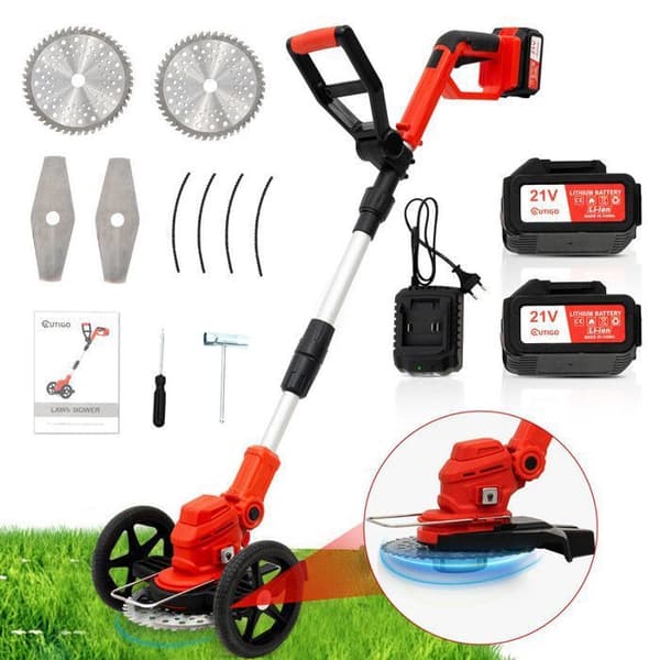 OUTIGO Fällbar Trådlös Elgräsklippare, Borstlös Grästrimmer, 2 Batterier 4000mAh 21V, Kantklippare