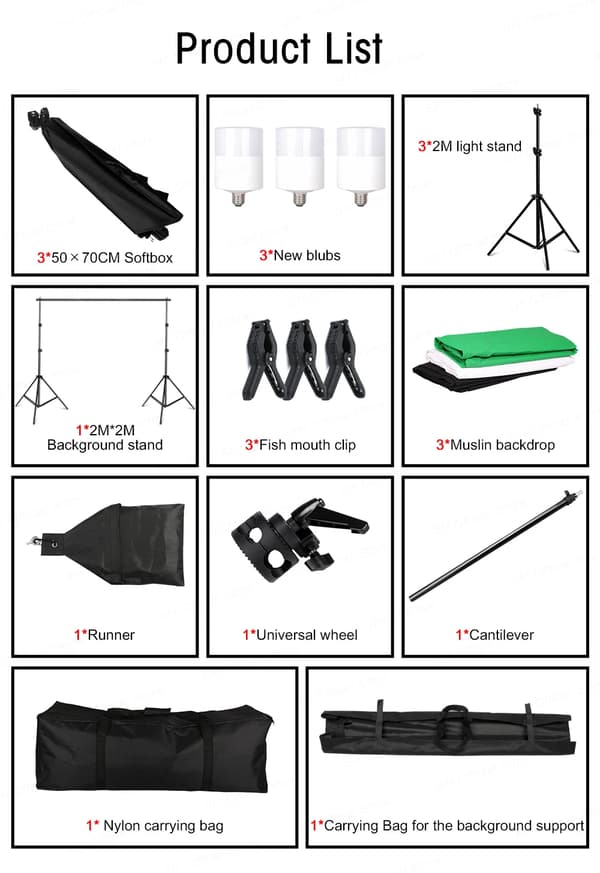 Fotograferingslys Kit, 2x2M Foto Baggrund Muslin Baggrunde, Bærbar Taske, SH-TZ-35