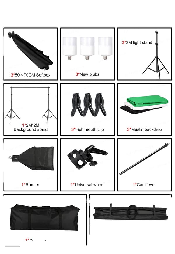 Fotograferingslys Kit, 2x2M Foto Baggrund Muslin Baggrunde, Bærbar Taske, SH-TZ-35