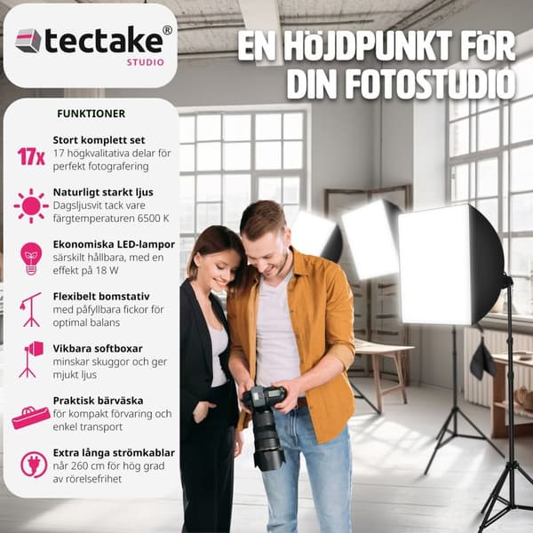 3 studiolampor med softbox, stativ och väska - svart