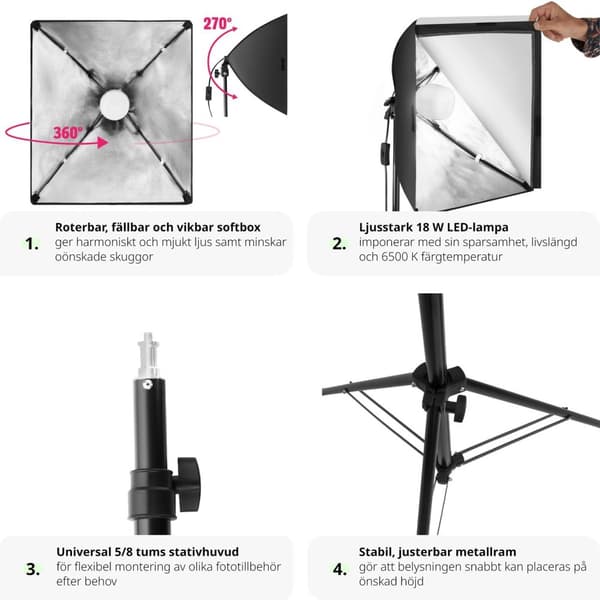 Studiolampa med softbox, stativ och väska - svart