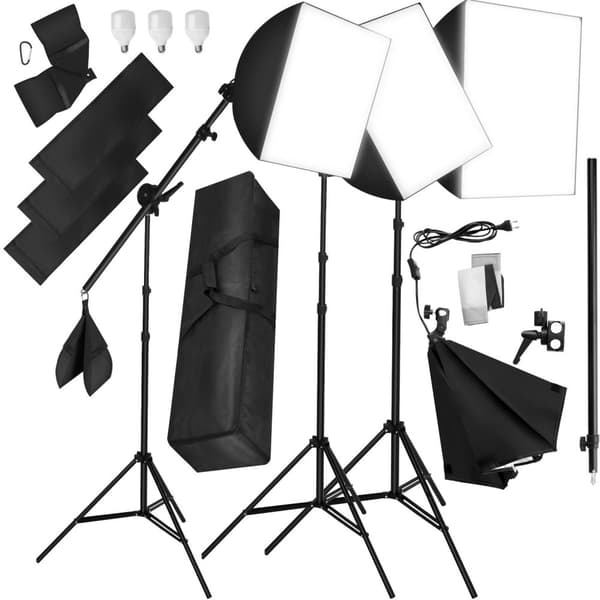 3 Studielamper inklusiv pærer, softbox og transporttaske - sort