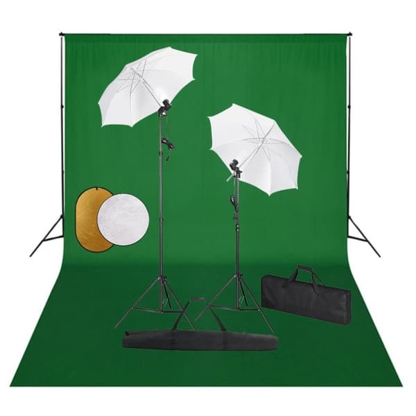 vidaXL Fotostudiosett med lamper, paraplyer, bakgrunn og reflektor