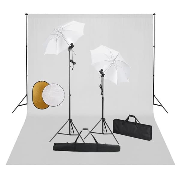 vidaXL Fotostudiosett med lamper, paraplyer, bakgrunn og reflektor