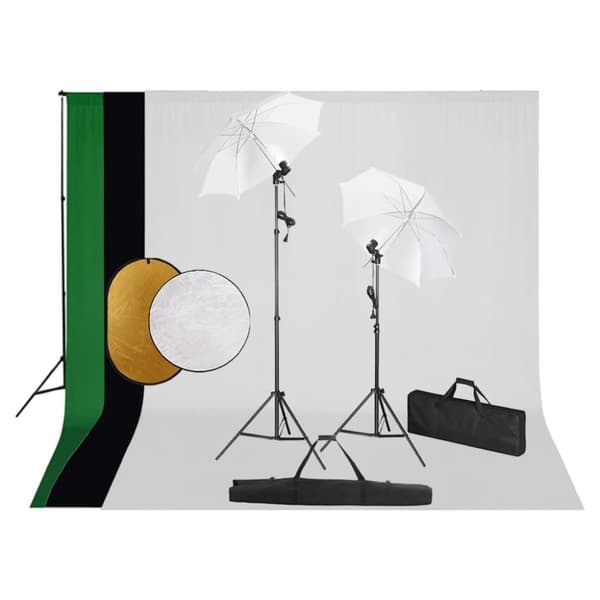 vidaXL Fotostudio med lampor, paraplyer, bakgrund och reflexskärm
