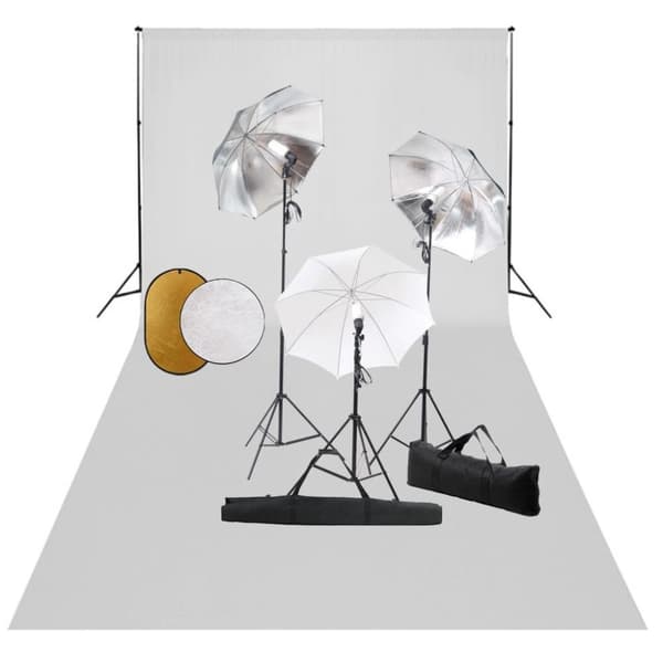 vidaXL Fotostudiosett med lamper, paraplyer, bakgrunn og reflektor