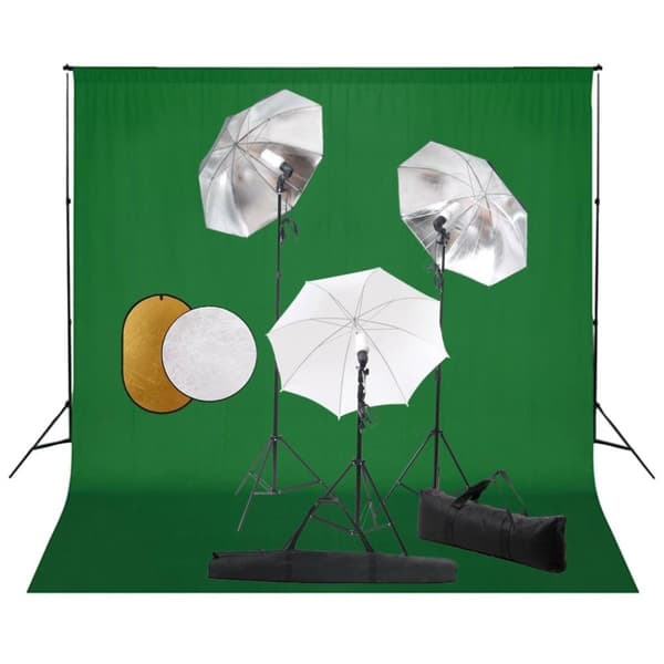 vidaXL Fotostudiosett med lamper, paraplyer, bakgrunn og reflektor