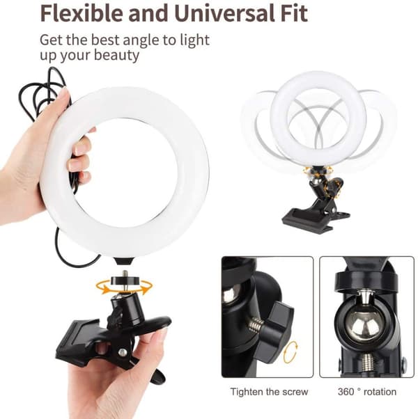 6,3 tommer ringlys 3 lystilstande Trinløs justerbar USB-drevet skrivebordsfyldningslys Lampe med klip