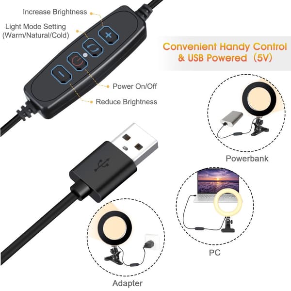 6,3 tommer ringlys 3 lystilstande Trinløs justerbar USB-drevet skrivebordsfyldningslys Lampe med klip