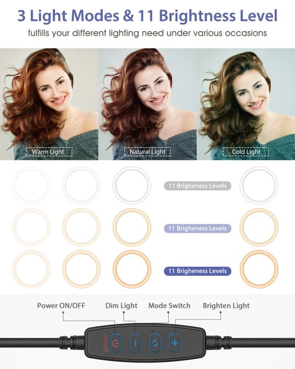 25 cm LED-ringljusstativ 180° dimbar med fjärrkontroll 3 färger och 11 ljusstyrkanivåer