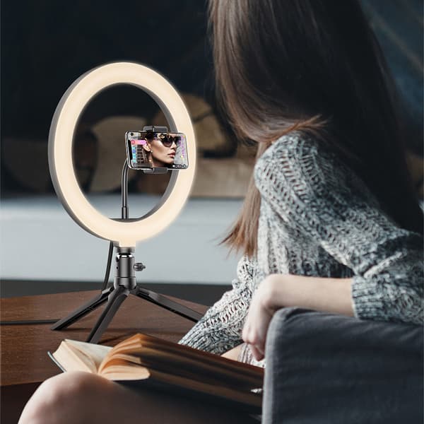 25 cm LED-ringljusstativ 180° dimbar med fjärrkontroll 3 färger och 11 ljusstyrkanivåer