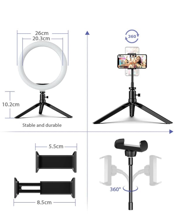 25 cm LED-ringljusstativ 180° dimbar med fjärrkontroll 3 färger och 11 ljusstyrkanivåer