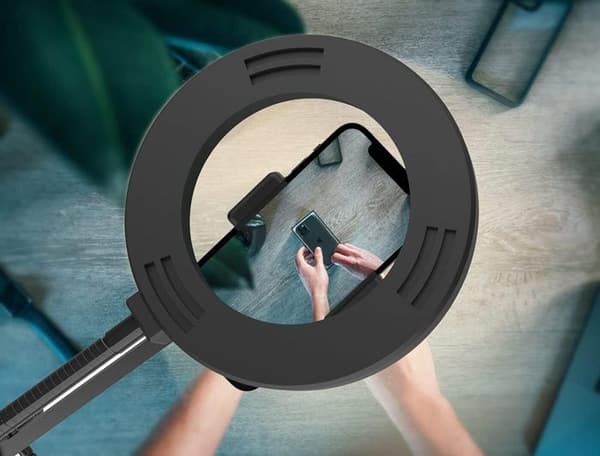 Overhead kamerafäste med ringljus, flexibel ledad telefonarmshållare kompatibel med iPhone, stativ