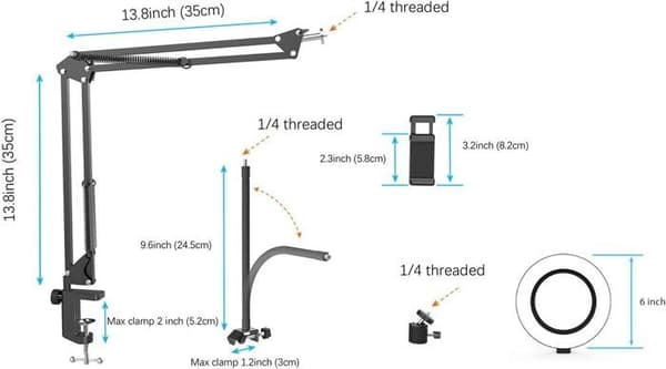 Overhead kamerafäste med ringljus, flexibel ledad telefonarmshållare kompatibel med iPhone, stativ