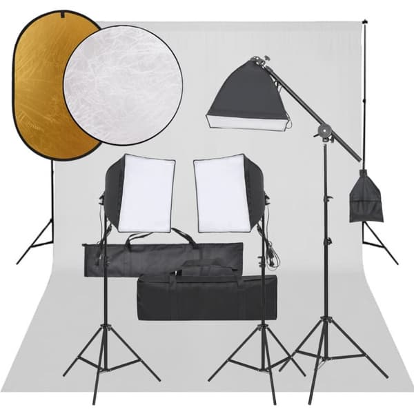 Fotostudio med lampor, bakgrund och reflexskärm
