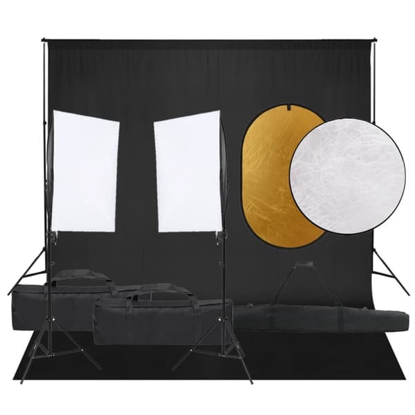 Fotostudio med lampor, bakgrund och reflexskärm