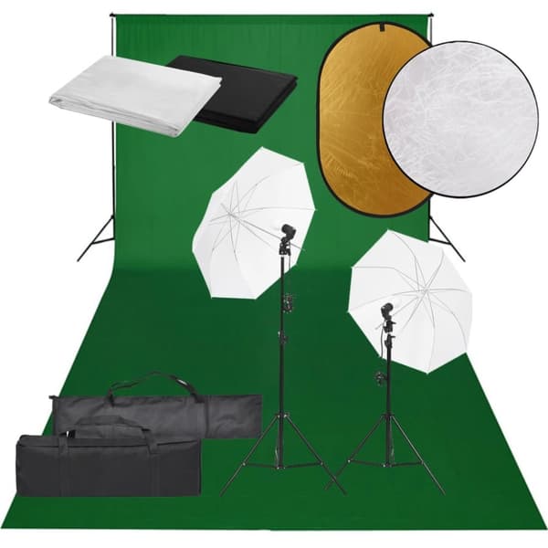 Fotostudio med lampor, bakgrund och reflexskärm