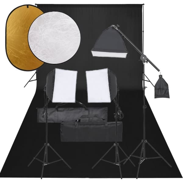 Fotostudio med lampor, bakgrund och reflexskärm