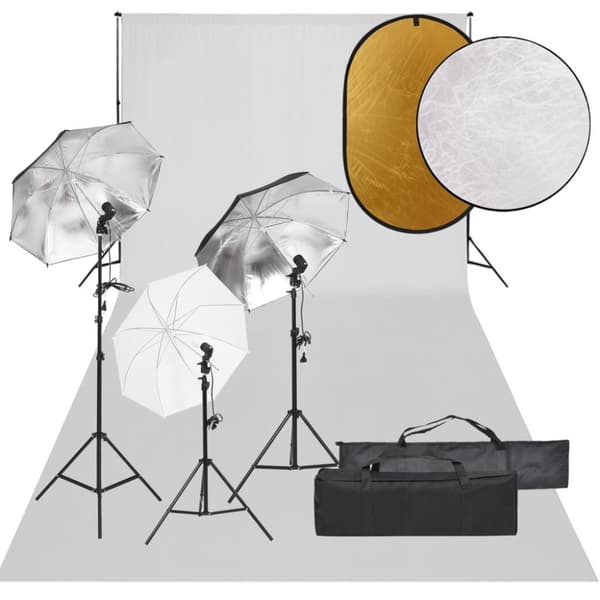 Fotostudio med lampor, bakgrund och reflexskärm