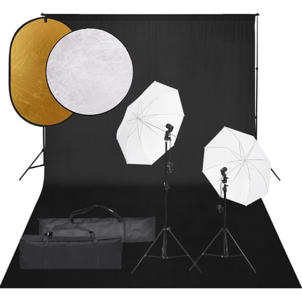 Fotostudio med lampor, bakgrund och reflexskärm