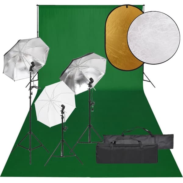 Fotostudio med lampor, bakgrund och reflexskärm