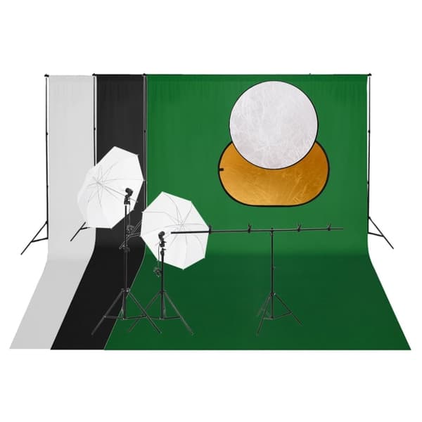 Fotostudio med lampor, bakgrund och reflexskärm