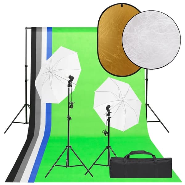 Fotostudio med lampor, bakgrund och reflexskärm