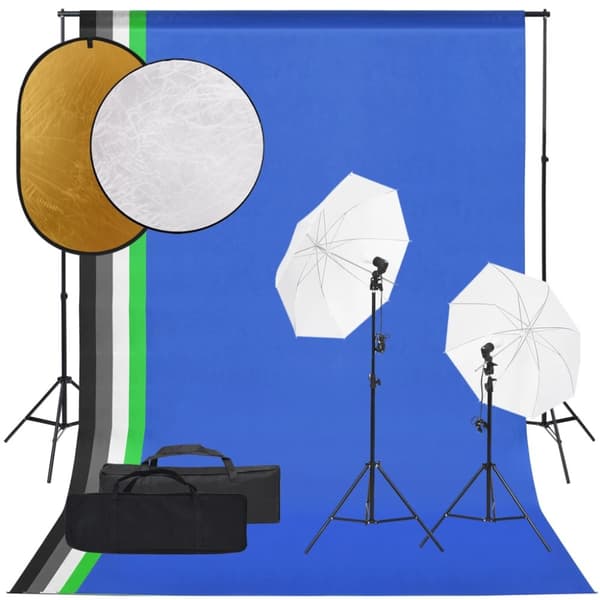 Fotostudio med lampor, bakgrund och reflexskärm