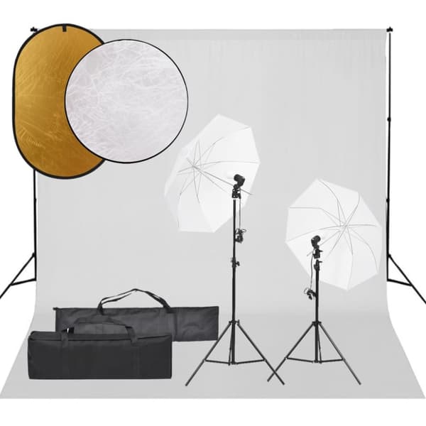 Fotostudio med lampor, bakgrund och reflexskärm