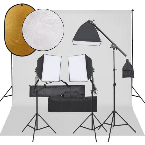 Fotostudio med lampor, bakgrund och reflexskärm