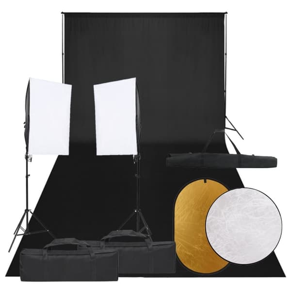 Fotostudio med lampor, bakgrund och reflexskärm