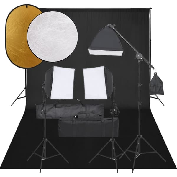 Fotostudio med lampor, bakgrund och reflexskärm