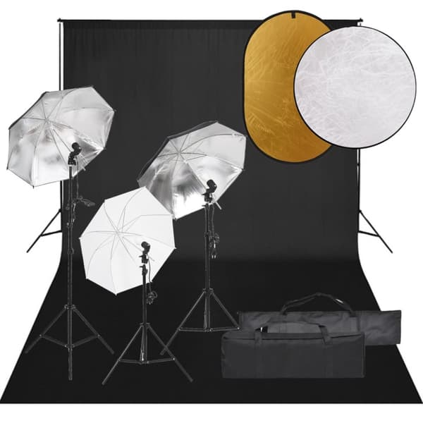 Fotostudio med lampor, bakgrund och reflexskärm