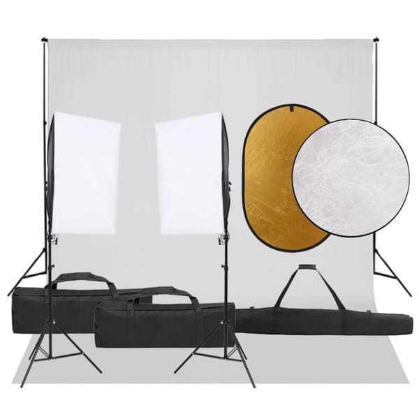 Fotostudio med lampor, bakgrund och reflexskärm